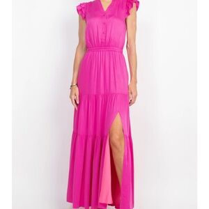 Pink Ruched V-Neck Maxi Dress